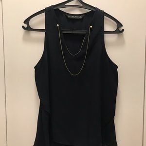 Navy Zara Blouse with Pearl and Chain Detail